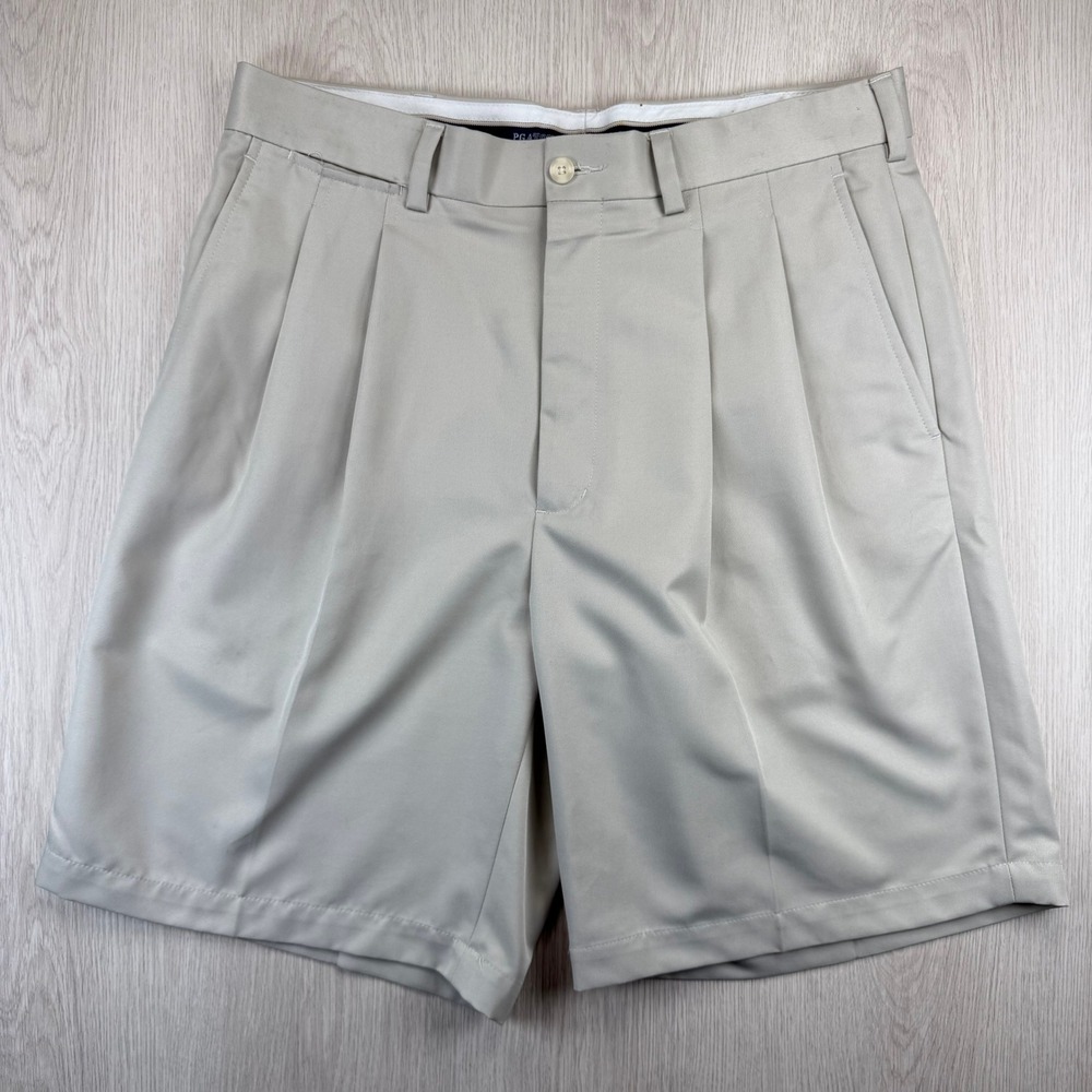 PGA Tour Mens Pleated Golf Shorts Beige Tan Size 34 Polyester Moisture Wicking